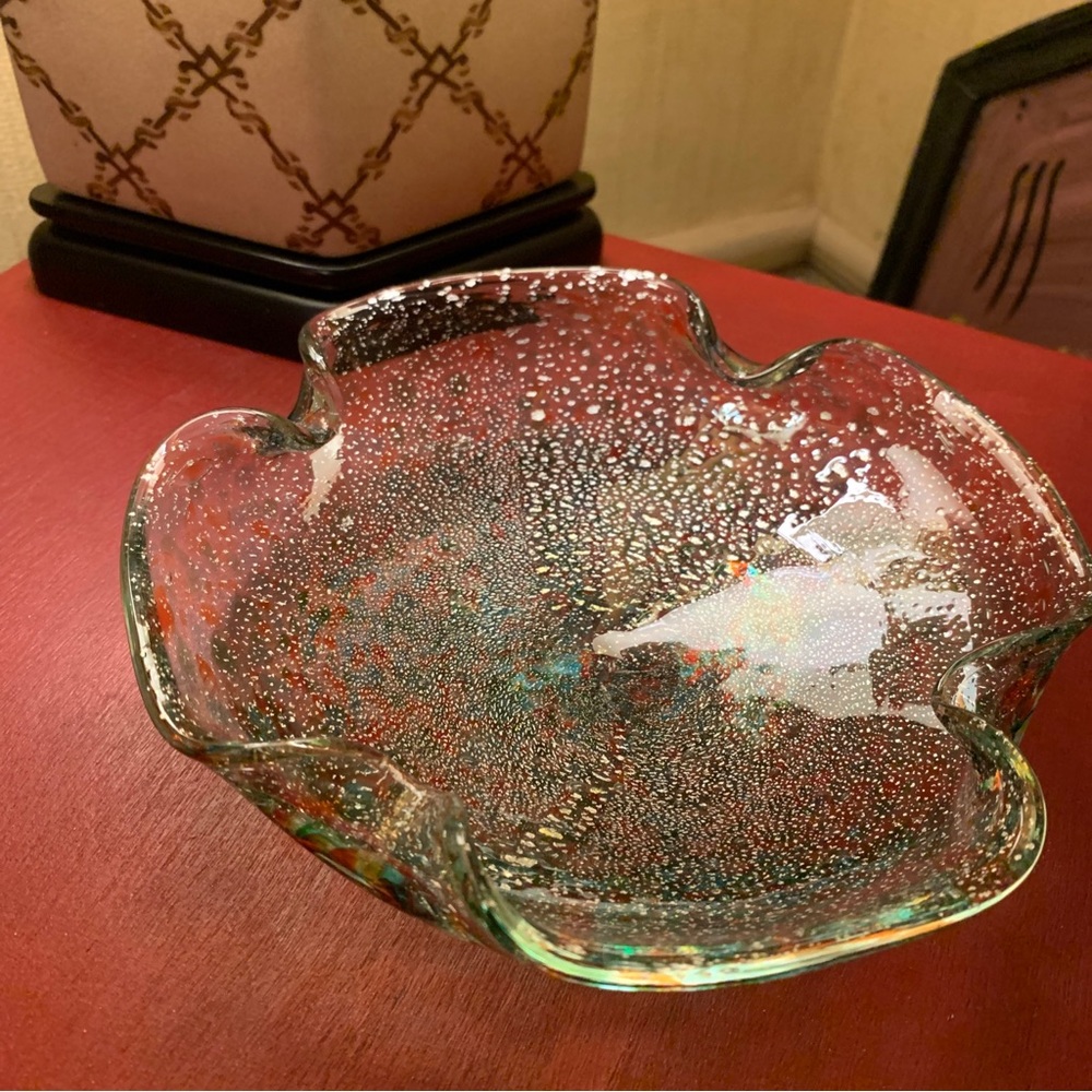 Vintage Murano Christmas Tutti Fruiti Murano Art Glass Bowl MCM Silver Fleck 60s